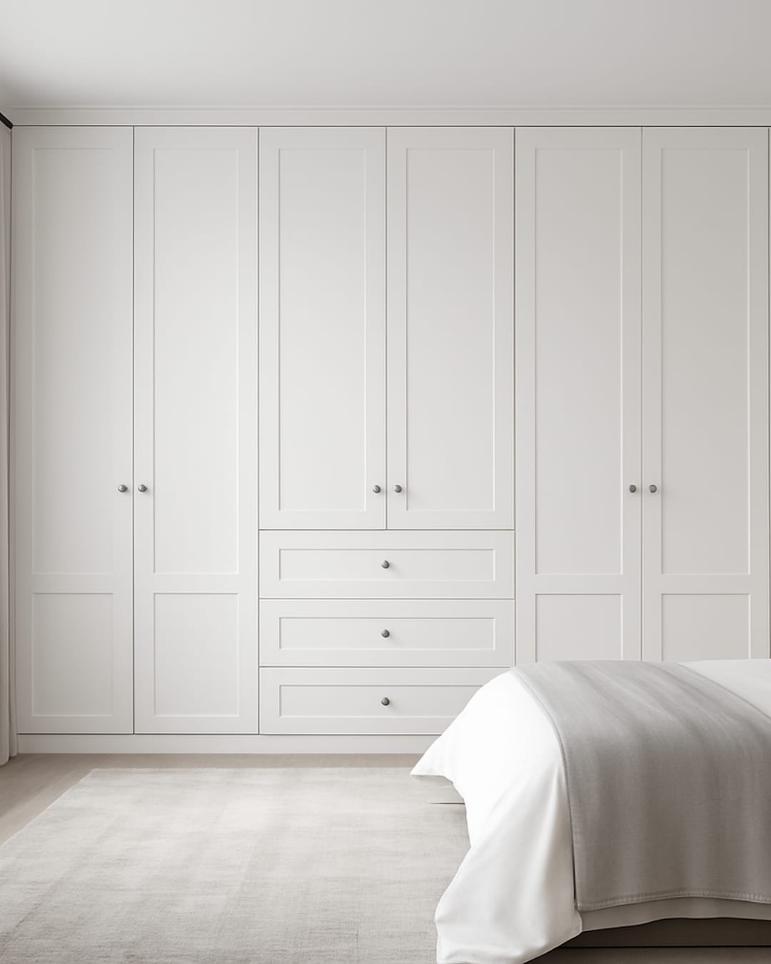 Finished master suite built-in wardrobe with white shaker doors and integrated drawer bank beside the bed