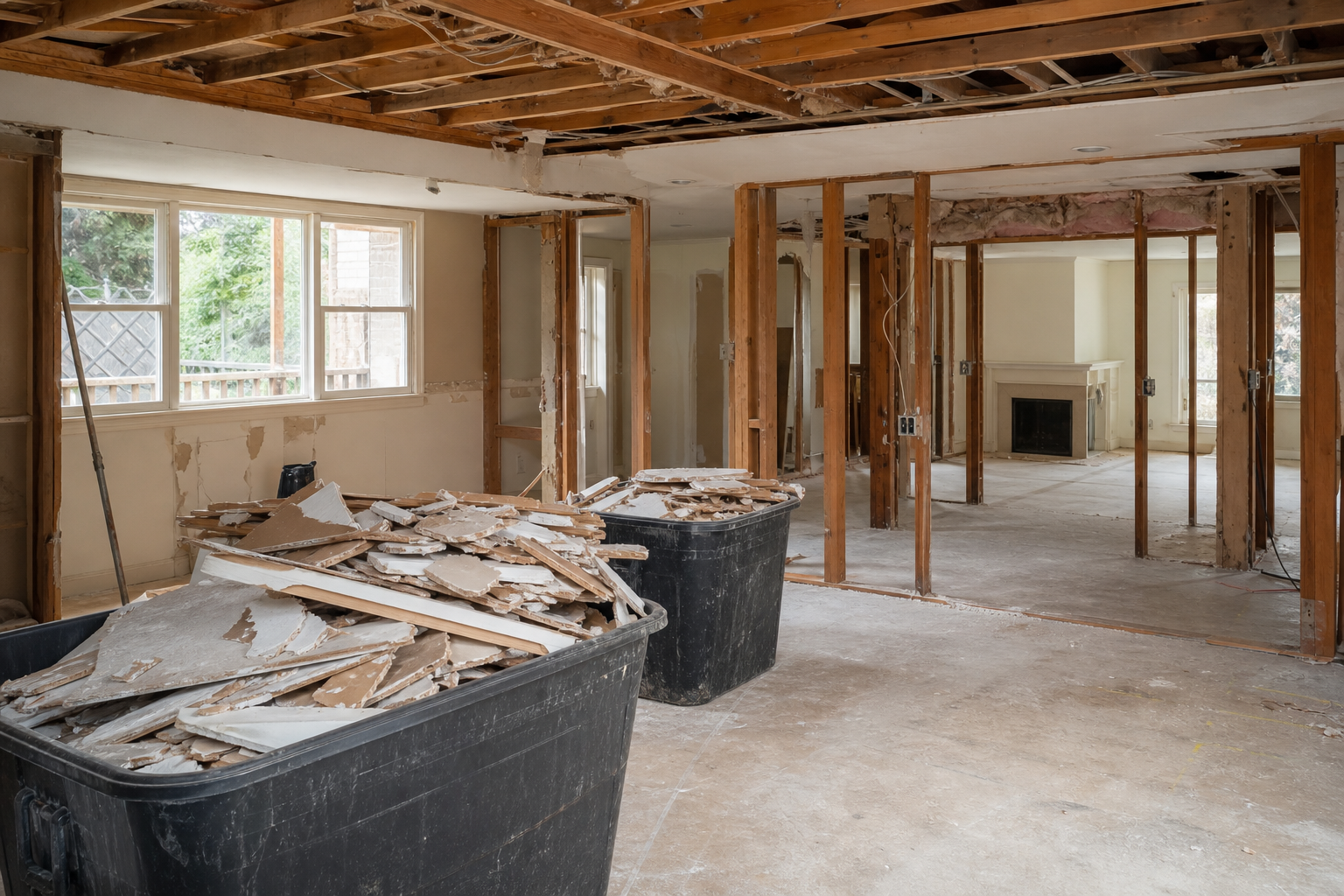 Interior demolition and debris staging during a residential remodel