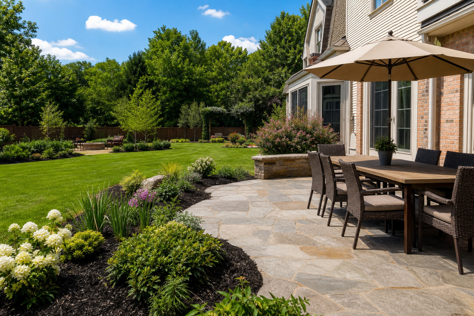 Landscaped backyard with stone patio, planting beds, and lawn