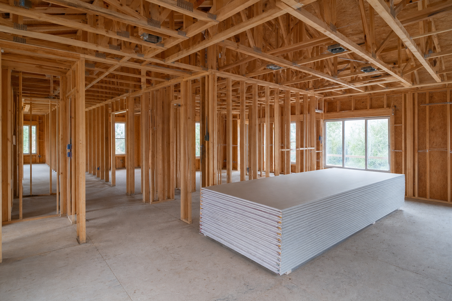 New framing and drywall installation on a residential construction site