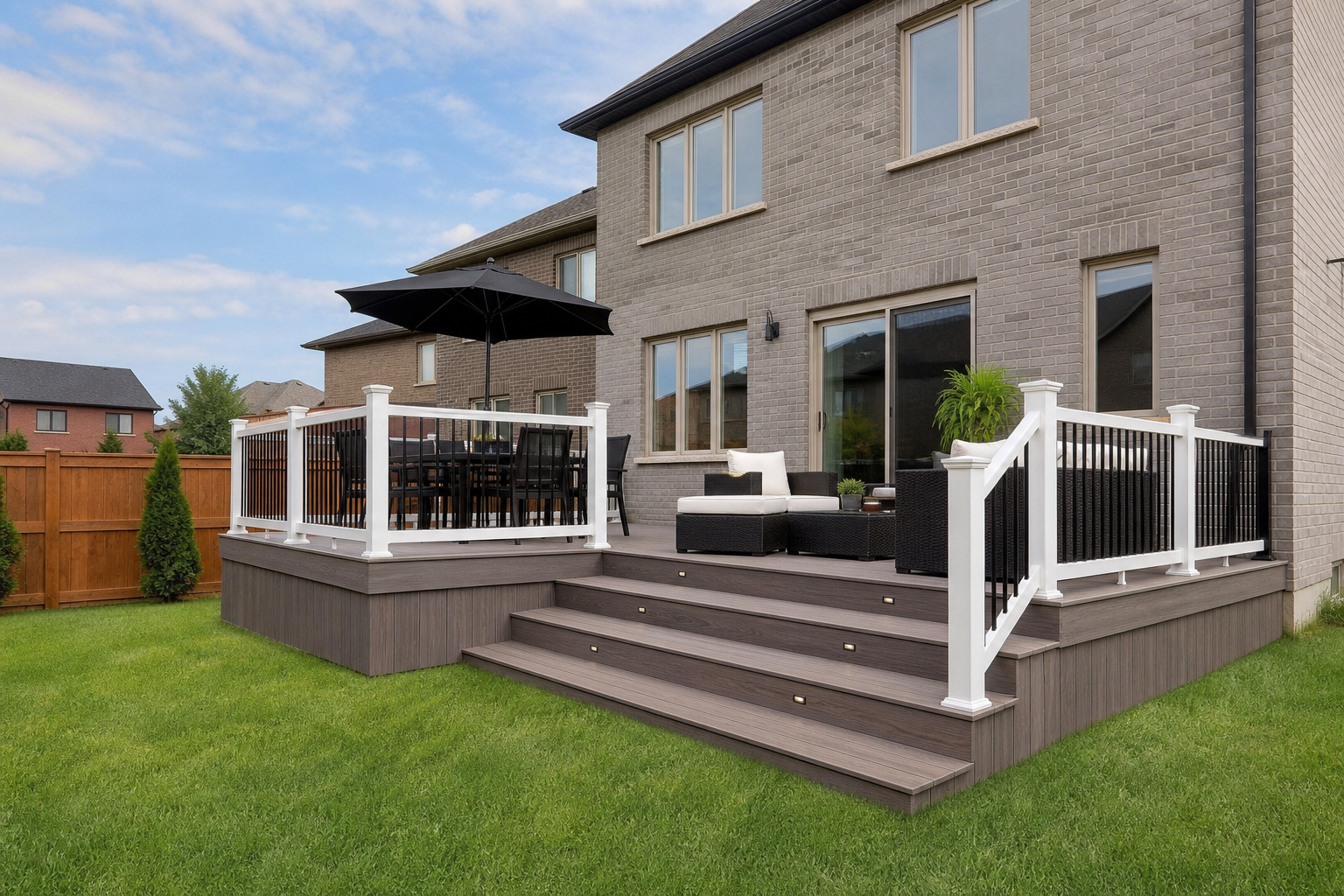 Composite deck with railing and privacy fence beside a suburban home