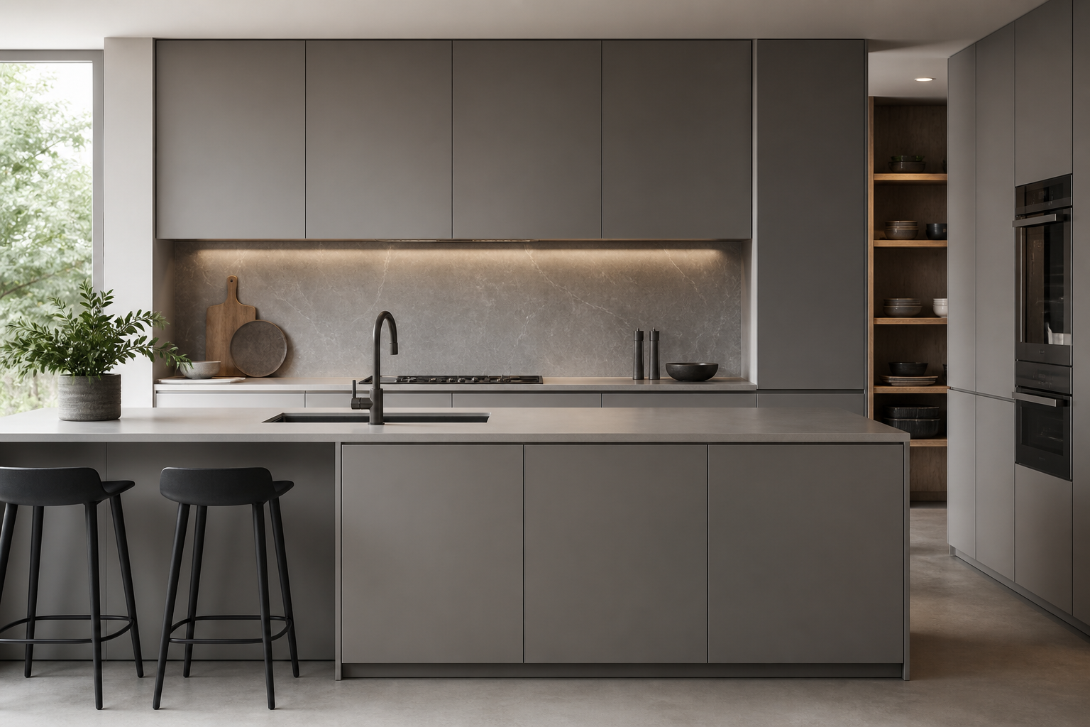 Minimal flat-panel slab cabinet doors in matte gray finish