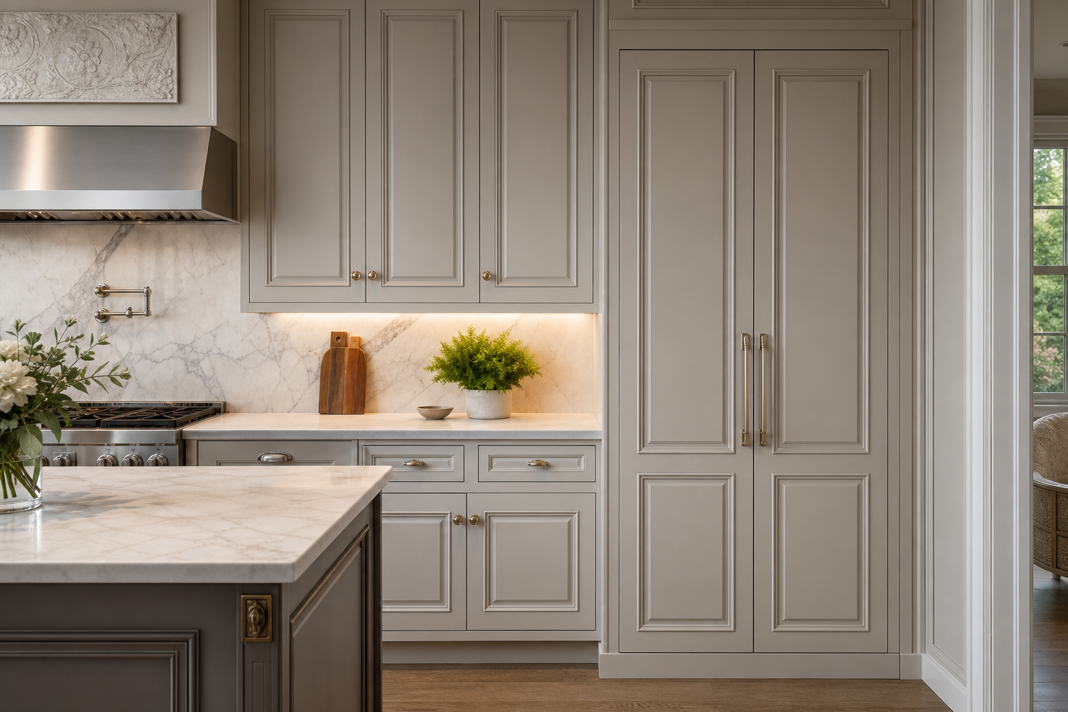 Decorative mitre-profile cabinet doors with refined edge detail
