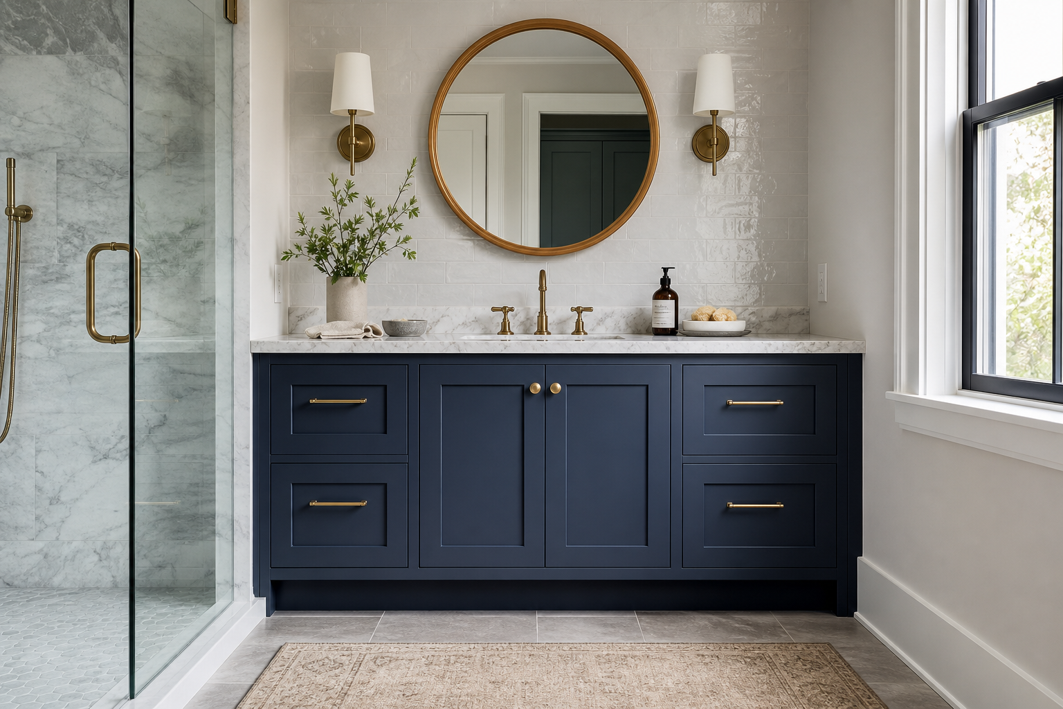 Bathroom vanity with custom cabinet doors and stone countertop