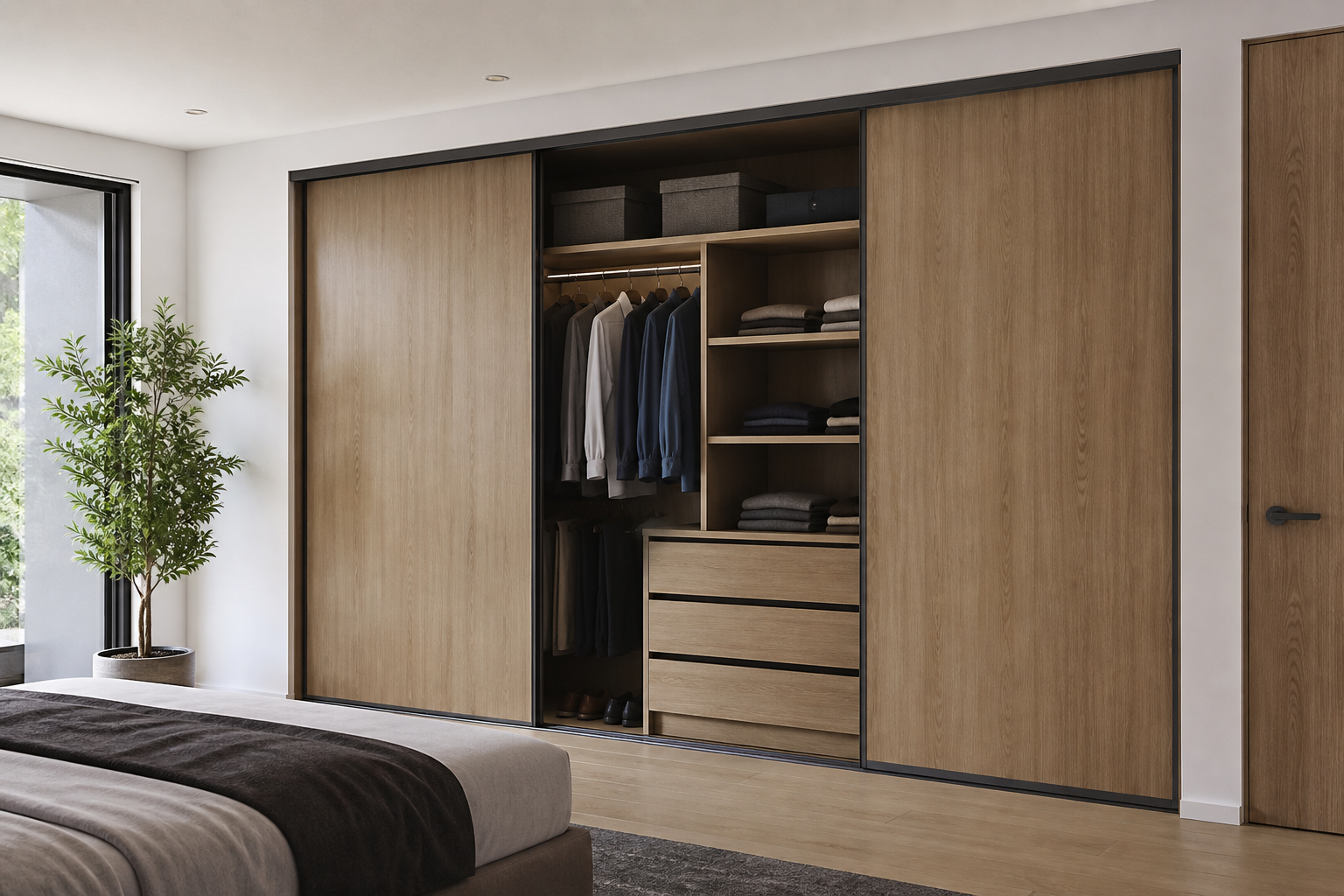 Fitted wardrobe with sliding closet doors and wood-grain finish