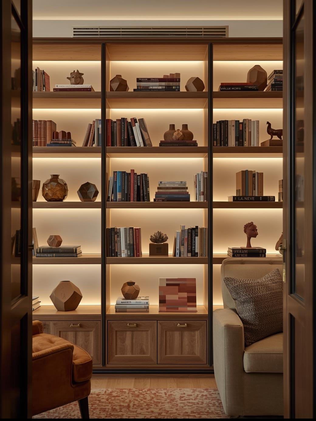 Custom floor-to-ceiling wood built-in bookcase with integrated LED shelf lighting and shaker base cabinets