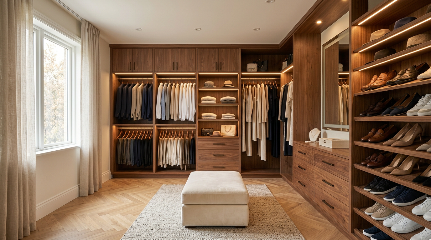 Custom luxury closet with warm wood and integrated lighting