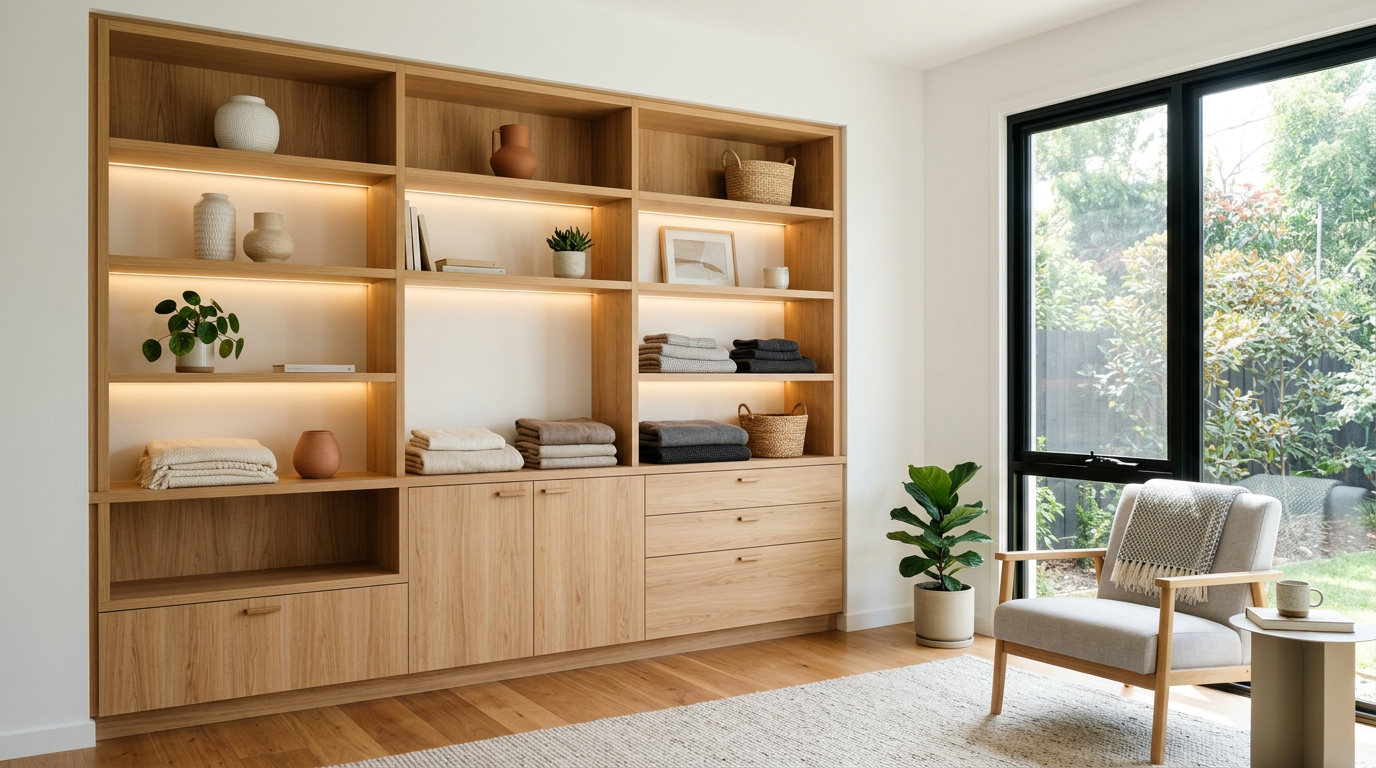 Custom closet organization with adjustable wood shelving