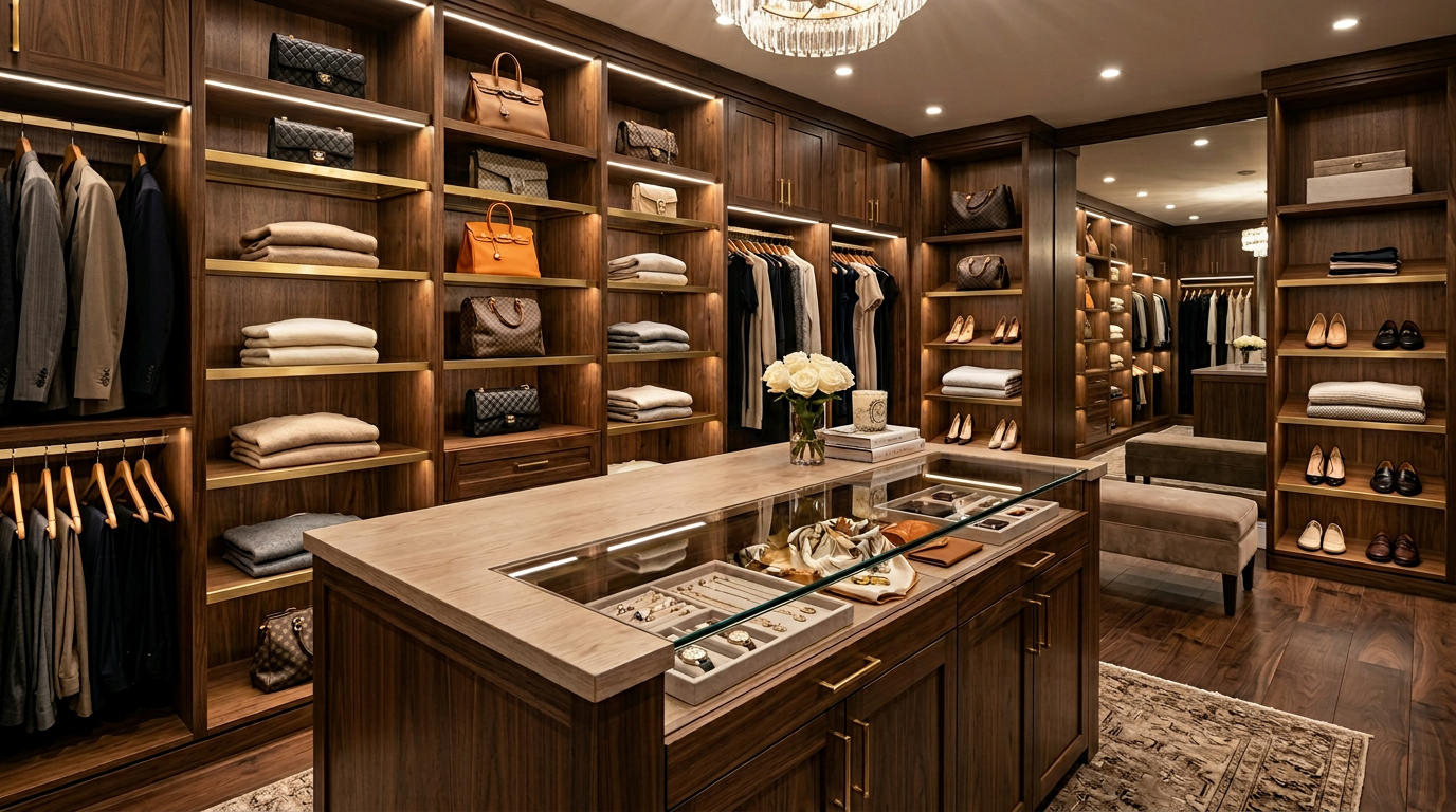 Walk-in closet with island and premium finishes