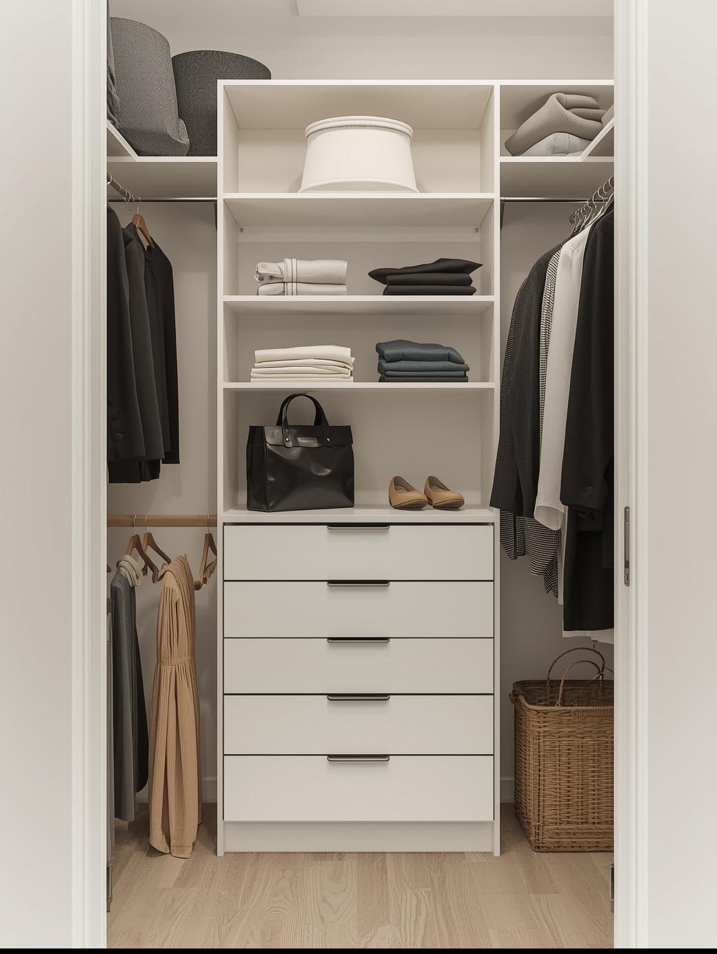 Clean minimalist white reach-in closet with organised hanging sections, open shelves, and built-in drawers — GTA Custom Closets Mississauga