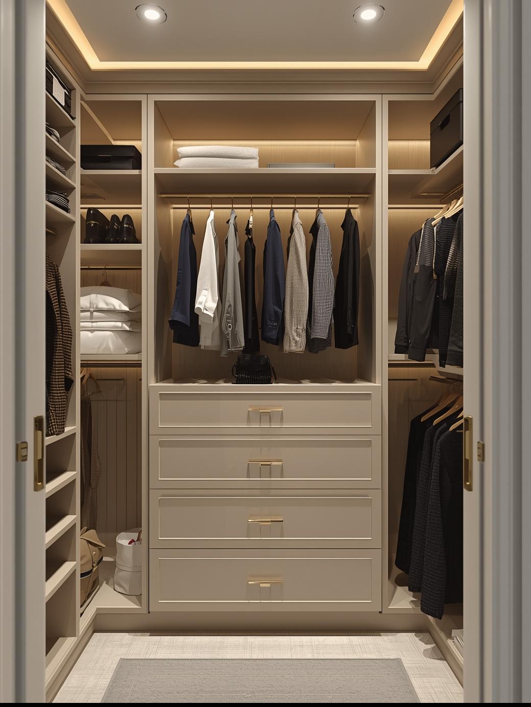 Elegant taupe walk-in closet with gold hardware, LED cove lighting, and neat custom storage — GTA Custom Closets Etobicoke