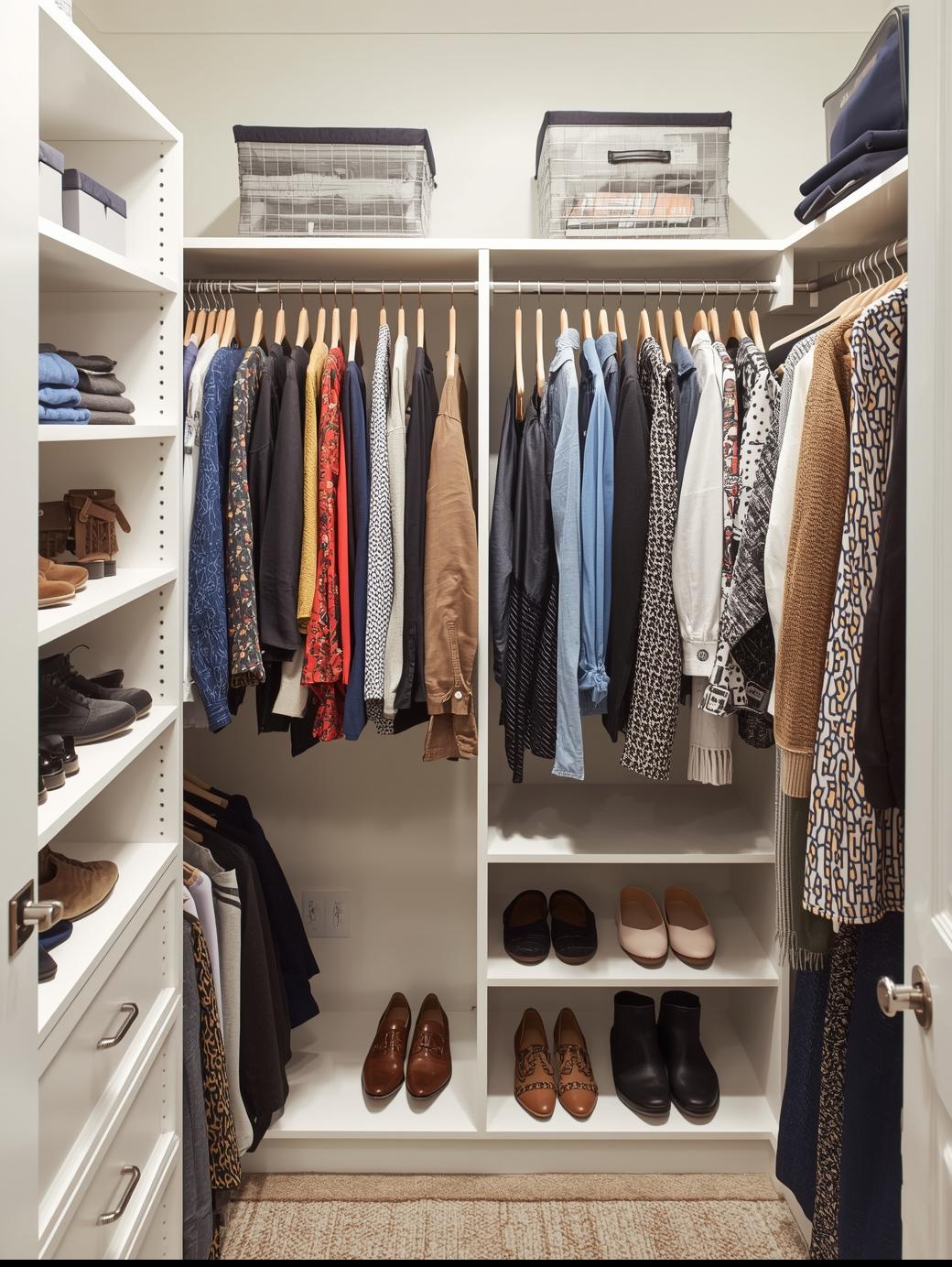 Bright white custom reach-in closet with dual hanging rails, built-in shoe shelves, and drawer unit — GTA Custom Closets Brampton