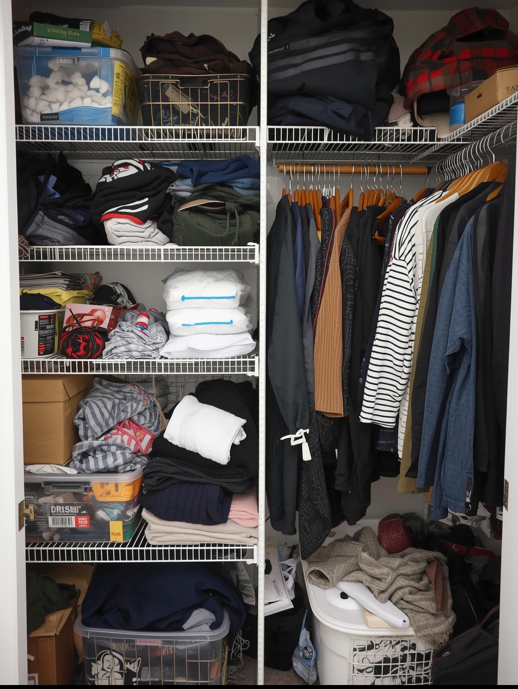 Chaotic overstuffed wire-shelf closet with clothes, bins, and laundry piled everywhere before GTA Custom Closets renovation