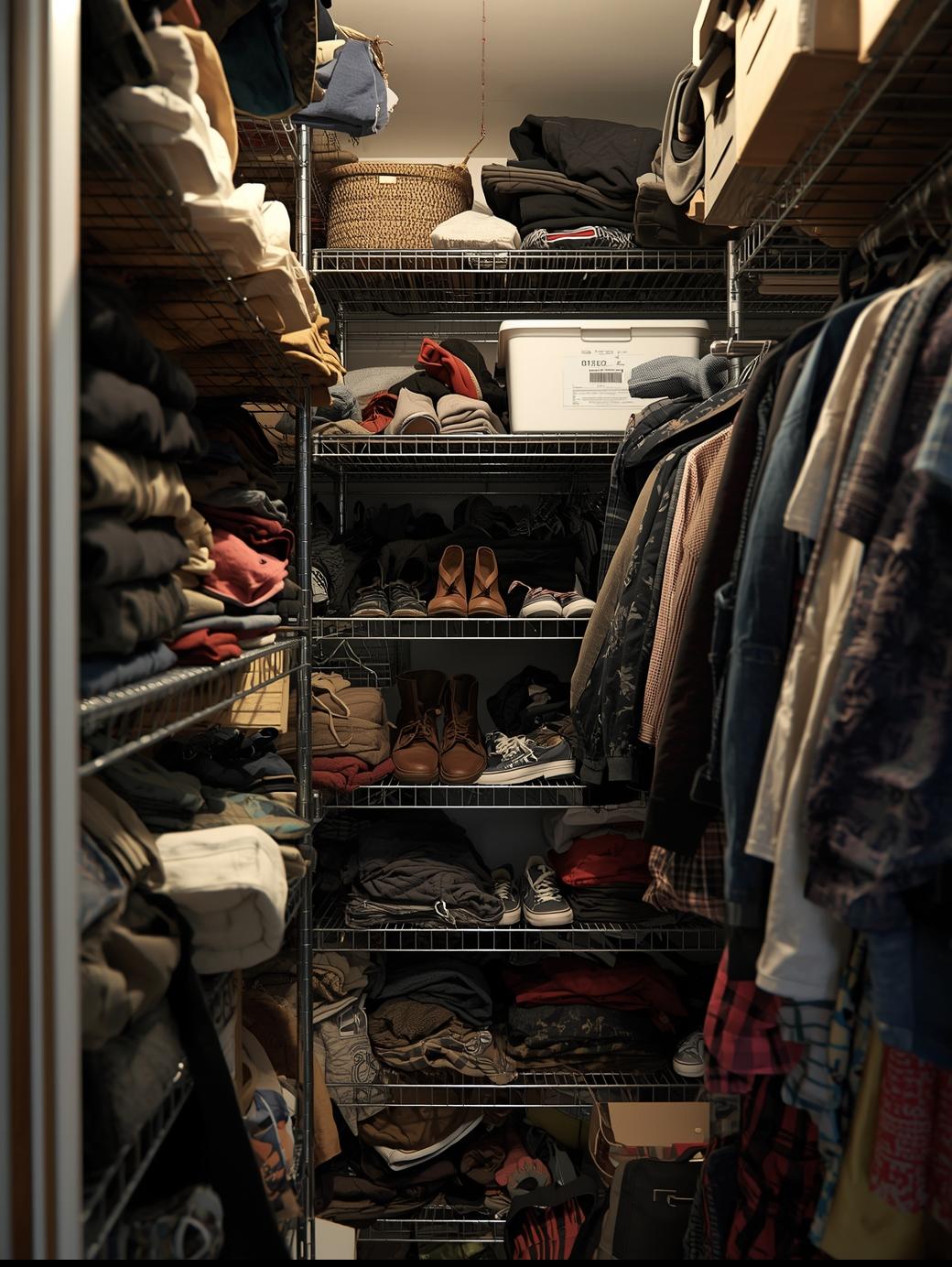 Cramped dark closet with overloaded wire shelving, shoes and clothes piled on every surface before renovation