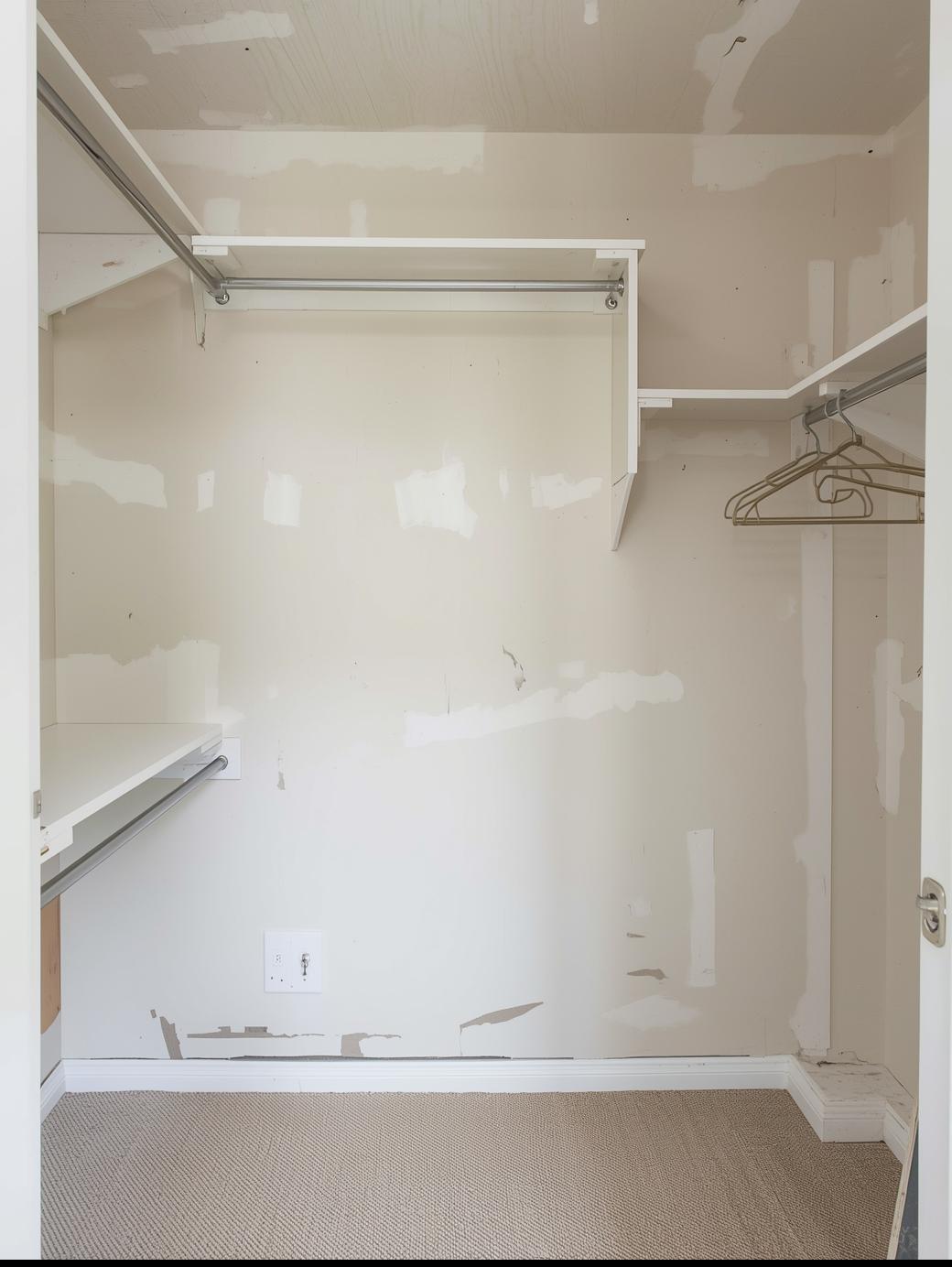 Empty bare drywall closet with only a single clothing rod and no organisation before GTA Custom Closets installation