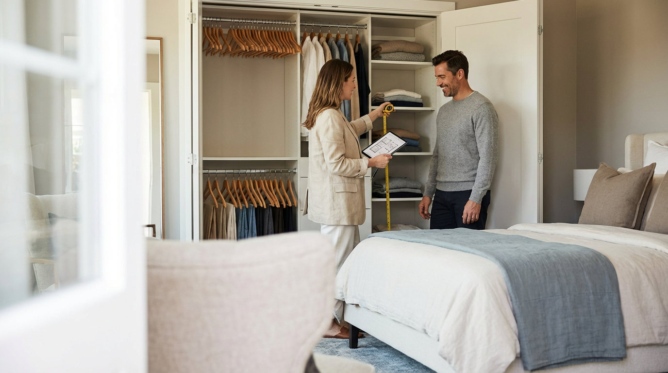 Designer and homeowner reviewing a closet space during a free in-home consultation
