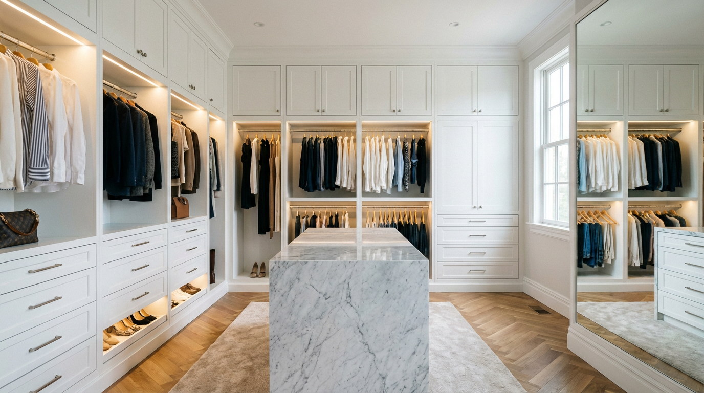 Completed luxury walk-in closet with built-ins and lighting after professional installation