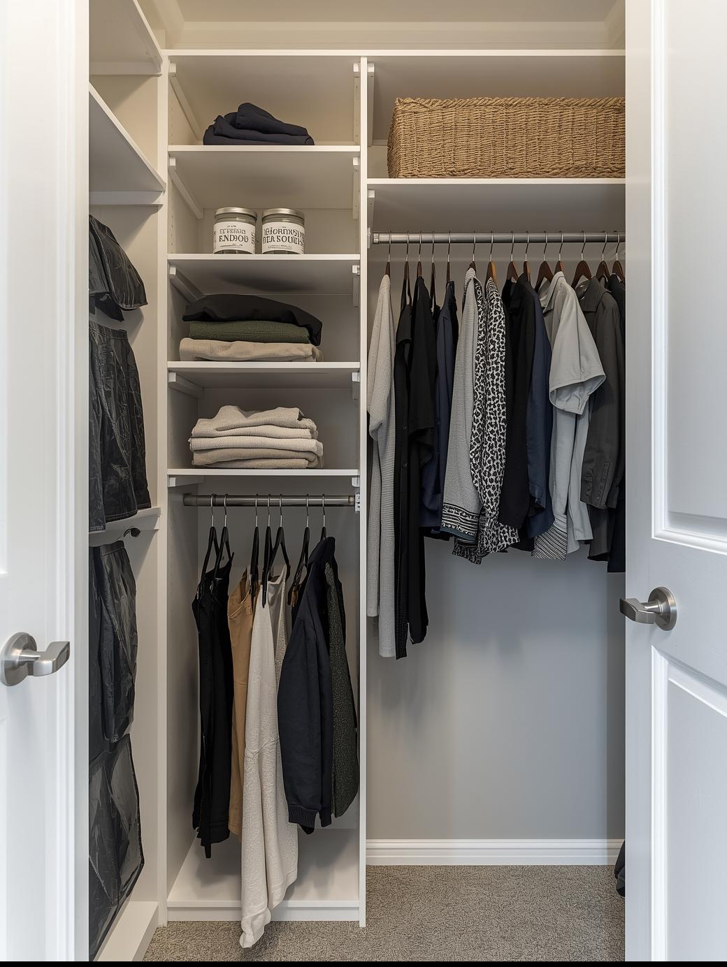 Custom white reach-in closet with open doors, adjustable shelving, hanging rods, and organized folded storage
