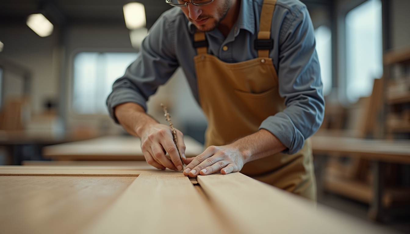 Craftsperson carefully working on custom wood joinery in the workshop
