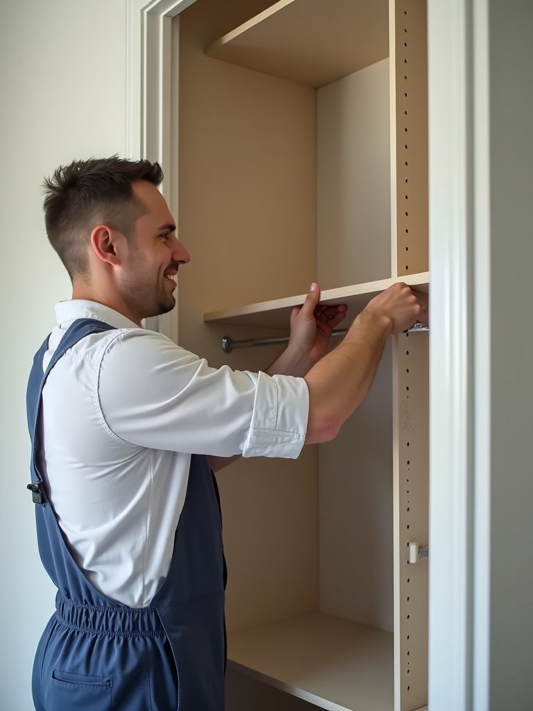 Installer fitting an adjustable shelf into a built-in closet system