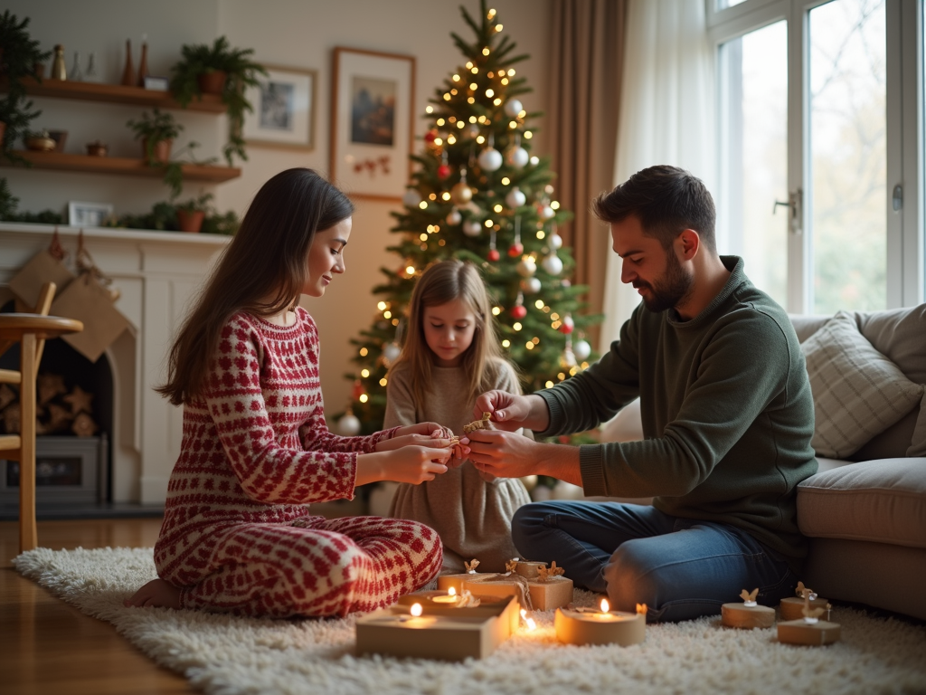 Family gathered in a warm living room with holiday decor