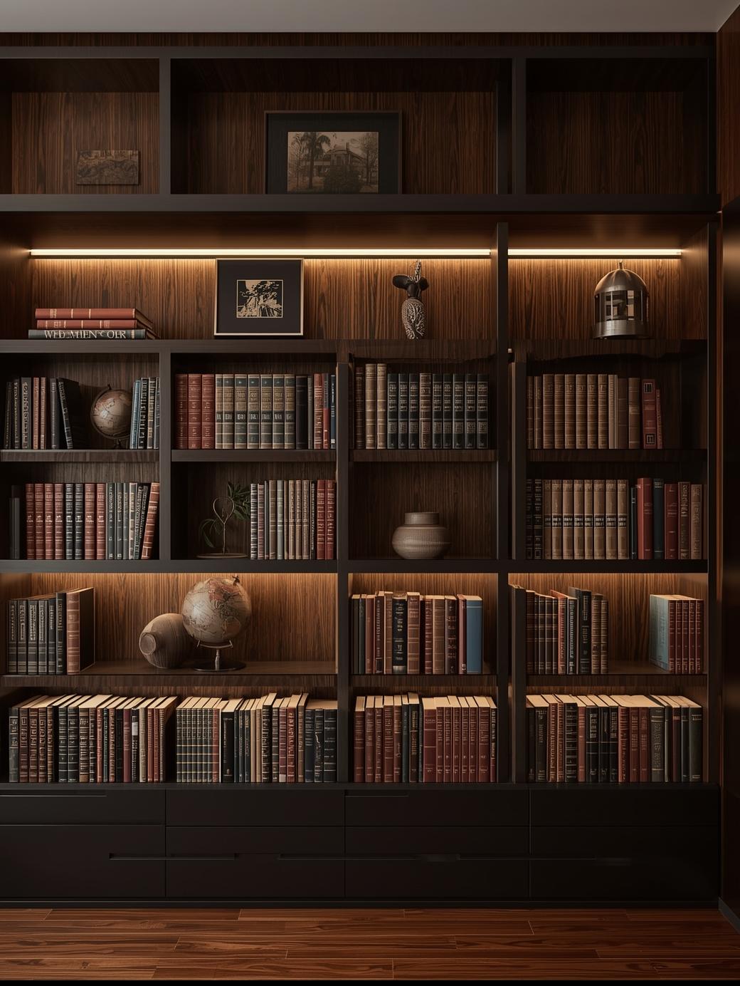 Floor-to-ceiling dark wood bookshelf with integrated shelf lighting