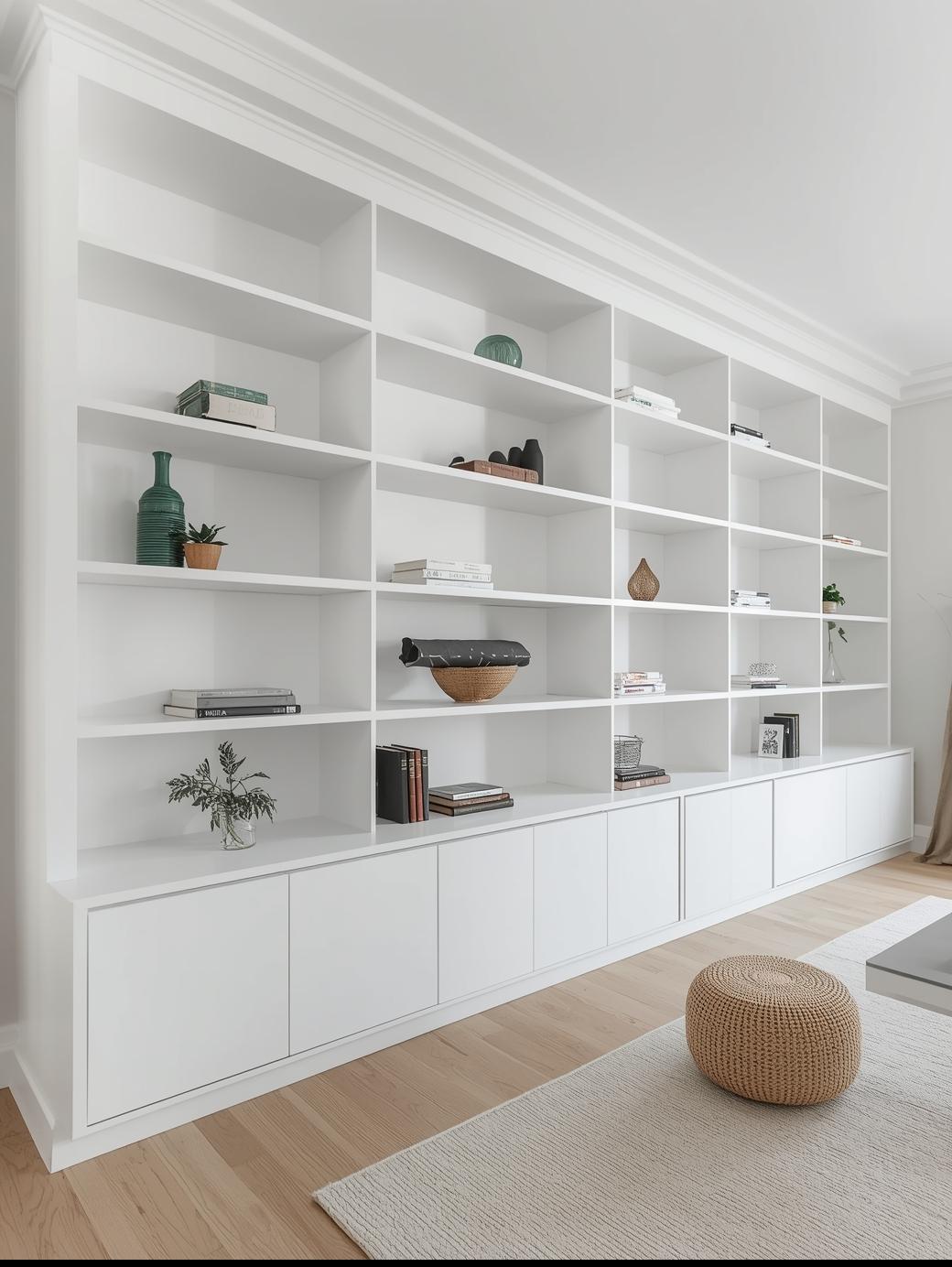 Minimal white built-in wall unit with open shelving and lower cabinets