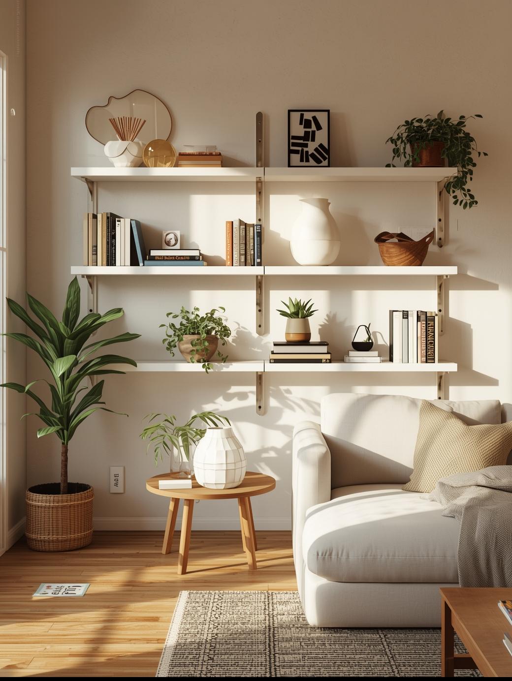 Bright living room with wall-mounted shelves, sofa, and indoor plants