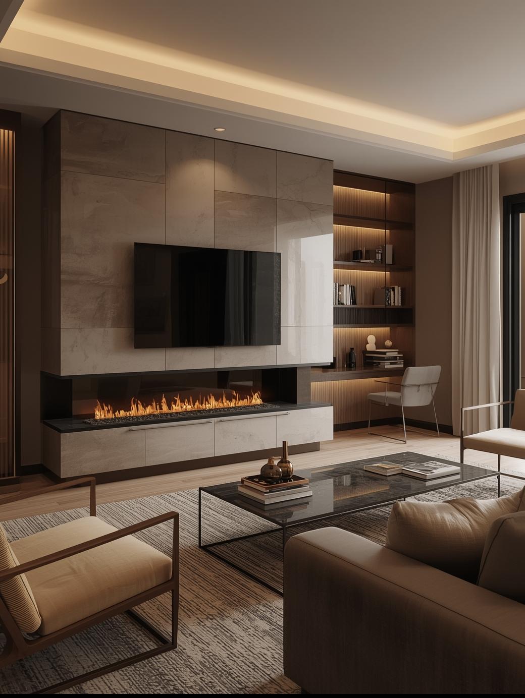 Living room media wall with wall-mounted TV, linear fireplace, stone surround, and built-in desk with lit shelving