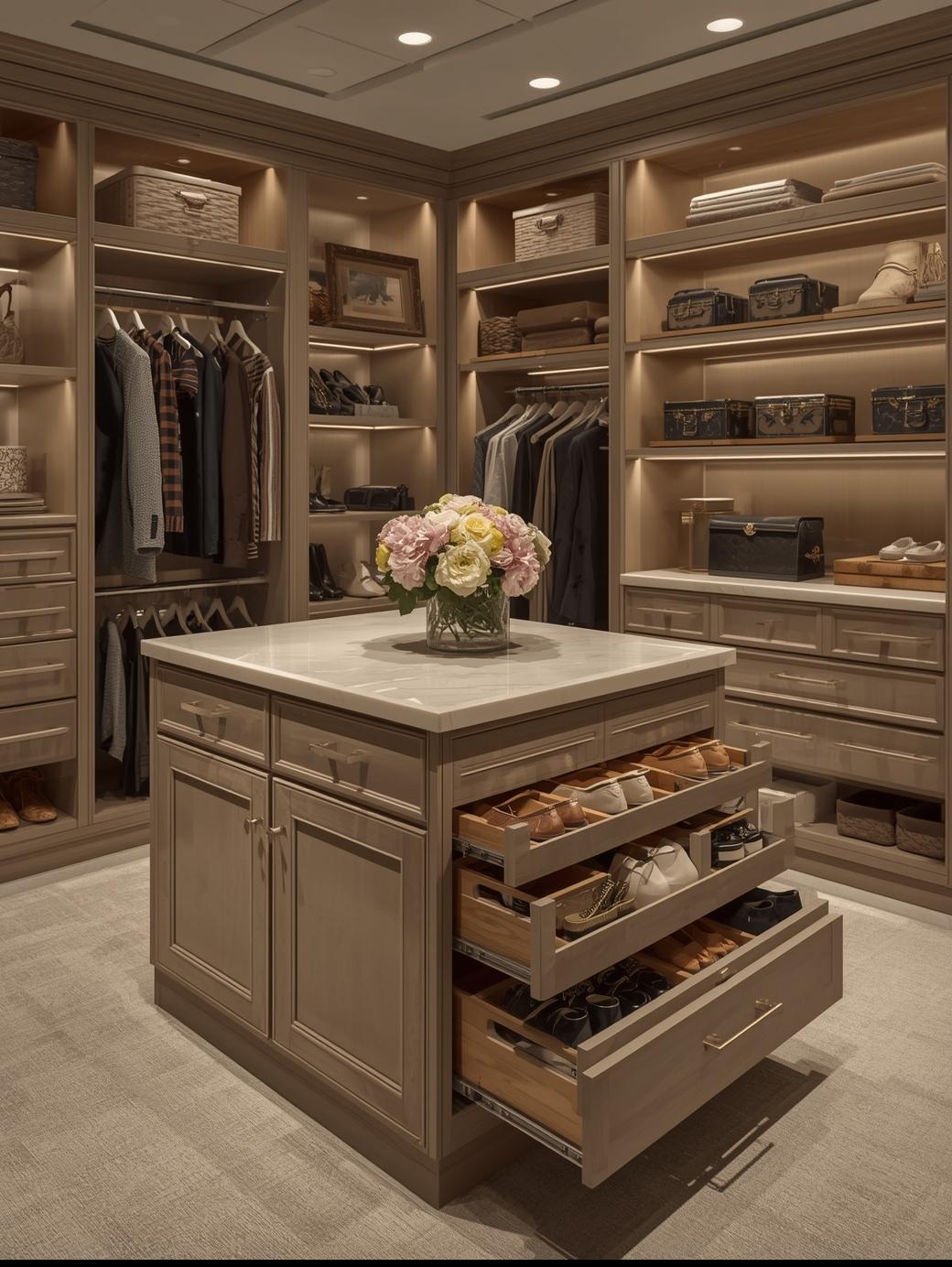 Luxury walk-in closet with custom wood cabinetry, center island, marble countertop, shoe drawers, and integrated LED lighting